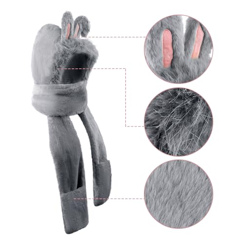 Womens Soft Faux Fur Plush Bunny Winter Hat Cute Rabbit Ears Hooded Scarf Hat Gloves Warm Hood Hat Scarf4