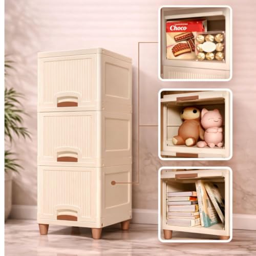 Image of Multi-Purpose Modular Storage Cabinet with Foldable Compartments, Stackable Organizer Box with Doors & Raised Legs for Clothes, Books, Kitchen Supplies, Bedroom and Living Room (4 Layer)