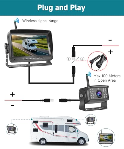 Image of Wireless Backup Camera for RV, 7 inch IPS Monitor Kit+ 2 AHD Rear View Camera Waterproof Night Vision DVR Recording, Wireless Reverse Camera 12V-36V for Truck /Trailer /RV /Camper /Excavator /Caravan
