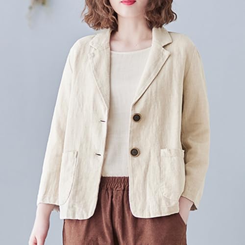 Women Casual Cotton Linen Work Blazer Coat, 3/4 Sleeve Lapel Button Business Jacket Lightweight Loose Office Blazers2