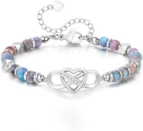 Gold Beaded Bracelet for Women - 14K Gold Plated Infinity Love Heart Bracelet, Natural Stone Adjustable Link Bracelets, Trendy Anniversary Birthday Jewelry Gift for Mom, Lover, Friend