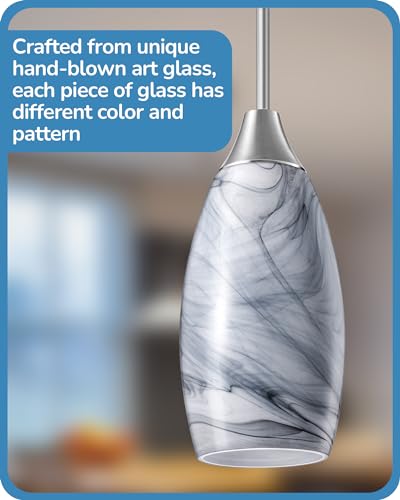Edishine Pendant Light Fixture, Handcrafted Art Glass Hanging Light, Hardwired Ceiling Light, Grey Marble Glass Shade, Adjustable Brushed Nickel Rods, E26 Base, Pendant Lamp For Kitchen Island thumb #1