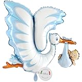 balloa Folienballon XXL Storch mit Baby Junge, Helium Ballon Geburt Deko, Luftballon Baby Partydekoration, Geschenk zur Geburt eines Sohnes, Folienballon Babyparty Willkommen Baby Deko, 99cm