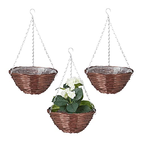 Relaxdays Blumenampel 3er Set, Durchmesser 30cm, bepflanzbare Innenfolie, Blumen und Pflanzen, Weide & Eisen, braun