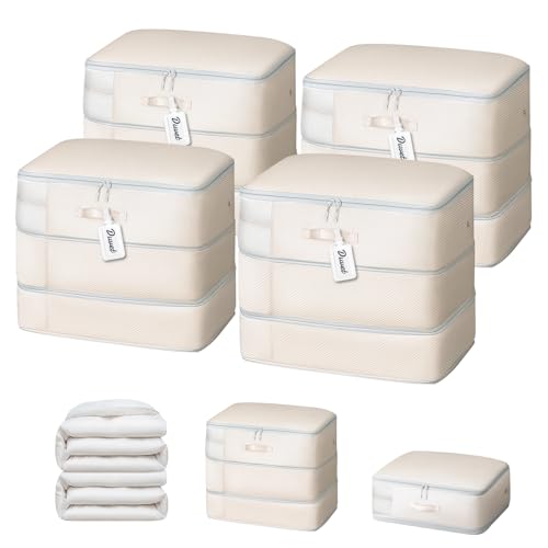 DIMJ Comforter Storage Bag - Large Capacity Ultra Space Saving Self Compression Organize for Duvet, Pillow, Bedding, Blanket Storage Organizer Nylon Compression Bags, Beige, 4 Pack