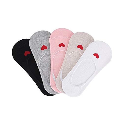 PACKO Socks No Show Kids Socks Low Cut Cotton Non-Slip for 6-12 Years Girls Cute Heart Pattern Design (5 Pairs)