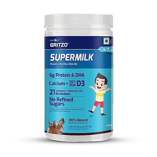 Gritzo SuperMilk 4-7y (Active Kids), Health Drink for Kids, High Protein (6 g) with Calcium + D3, 21 Vitamins & Minerals, Zero Refined Sugar, 100% Natural Double Chocolate Flavour, 400 g Gritzo SuperMilk 4-7y (Active Kids), Health Drink for Kids, High Protein (6 g) with Calcium + D3, 21 Vitamins & Minerals, Zero Refined Sugar, 100% Natural Double Chocolate Flavour, 400 g