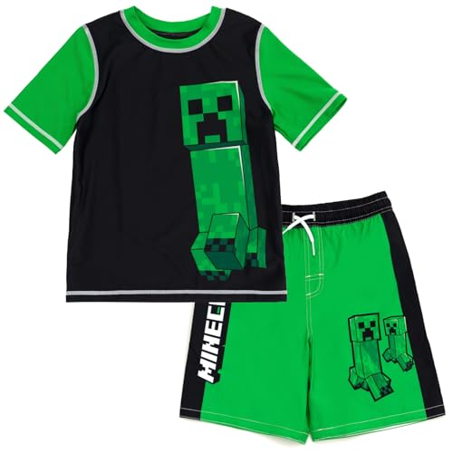 Minecraft Creeper Little Boys UPF 50+ Rash Guard and Swim Trunks Outfit Set Green/Black 7