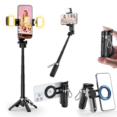 CloudValley Trípode Selfie Stick Magnético Mini con 2 Luces LED, Palo 3 en 1 de Bolsillo para Teléfono Móvil, Rotación 360°, Soporte Plegable con Mando Bluetooth para iPhone Android Video Foto