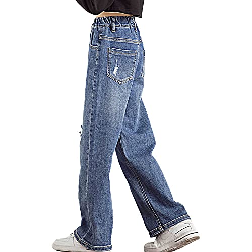 Girls Jeans Elastic Waist Ripped Hole Denim Pants with Pockets Wide Leg Straight Jeans Casual Trousers Streetwear4
