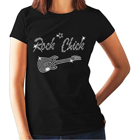 Rock Chick & Guitar Ladies Fitted t Shirt - Crystal Rhinestone Design - Rock and Roll - Disco - Fancy Dress - (Size 6 to 16) (14 x-Large) Black Cover