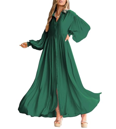 Image of chouyatou Women's Casual Long Sleeve Button Down Shirt Dress Elegant Pleated Flowy Swing Maxi Dress