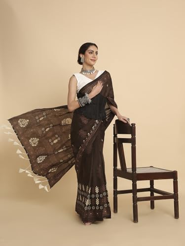 Image of RATAN Women's Ready to Wear Cotton Saree One Minute Pre Pleated & Pre Stitched | Easy Drape Saree with Elastic Waist | Quick Wear Saree with Unstitched Blouse Piece