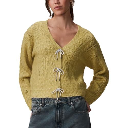 Image of Women Y2K Solid Color Knit Cardigan Long Sleeve V Neck Bow Button Open Front Sweater Top Vintage Going Out Knitwear