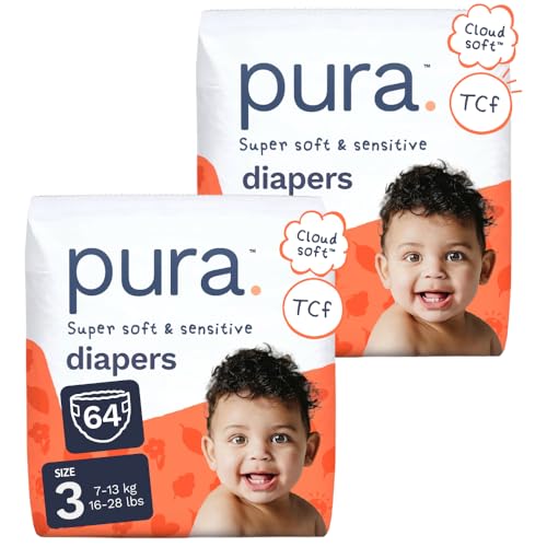 Image of Pura Baby Diapers Size 3-64 Count, 16-28lbs, 12hr Leak Protection, Soft & Gentle Diapers for Hypoallergenic & Sensitive Baby Skin, Toxin-Free*, Organic Cotton, Blowout Blocker, New Size Guide