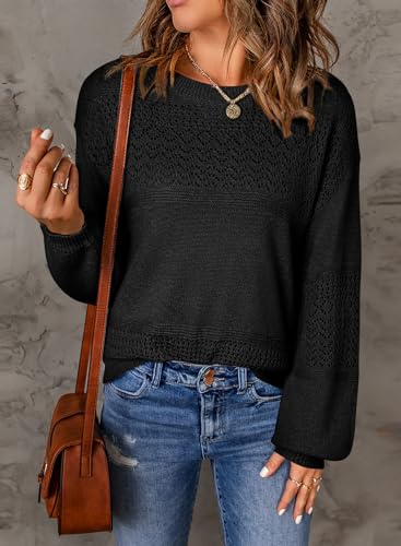 Image of SHEWIN Women's Sweaters Casual Long Sleeve V Neck Crewneck Lightweight Crochet Pullover Sweater Tops