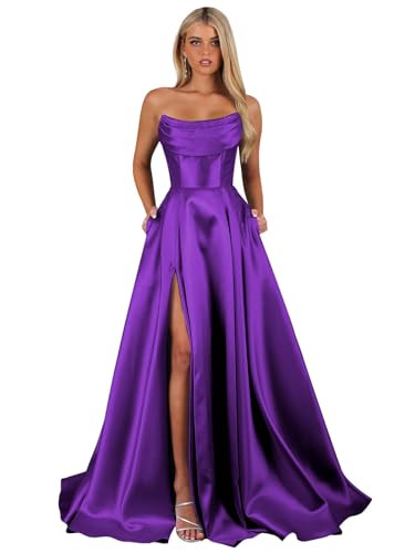 Fu Jiang Women's Satin Prom Dresses with Slit A Line Pleated Corset Formal Evening Ball Gown with Pockets