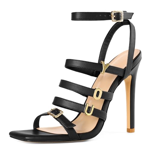 Soireelady Womens High Heel Sandals, Ankle Strap Open Toe Heels, Square Toe Stiletto Strappy Heeled Sandals 4 Inch Prom Party