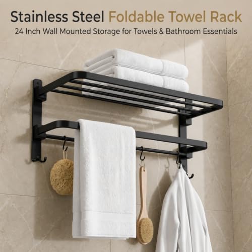 Image of Well Set Stainless Steel Foldable Towel Rack for Bathroom | Wall Mounted Towel Holder with Shelf | Durable Rust-Free Space Saving Bathroom Accessory