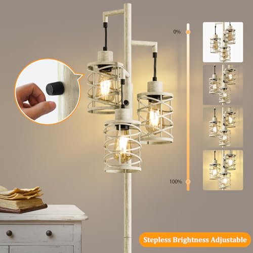 Image of Oneach 70 inch Industrial Floor Lamp, Stepless Dimmable Standing Lamp with 3 Bulbs, Farmhouse Corner Standing Tree Lamp for Living Room, Tall Lamps for Bedroom, Office, Dining Room, Antique Beige White