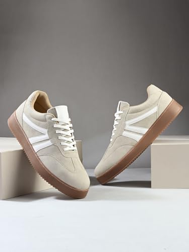 MACTREE Suede Leather Upper Laceup Casual Sneakers for Men Off White - Image 3