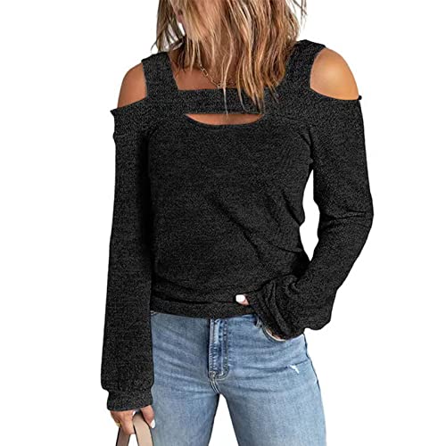 Haut à épaules Dénudées pour Femmes à la Mode Couleur Unie Haut à Manches Longues Lâche Pull Décontracté Col Carré Haut Décontracté pour Femmes Pull à Manches Longues pour(M-Le Noir) Cover
