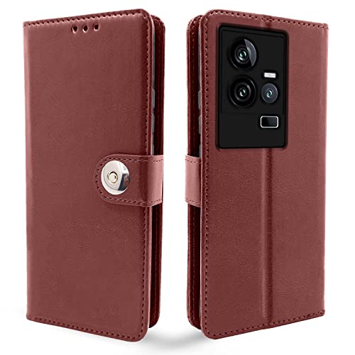 Image of Pikkme iQOO 11 5G Flip Cover Leather Finish | Inside TPU with Card Pockets | Wallet Stand and Shock Proof | Complete Protection Button Flip Case (Brown)