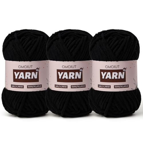 Image of 3 Packs Plush Chenille Chunky Crochet Yarn - Baby Yarn for Crocheting Soft - Velvet Yarns Knitting for Blankets Crafts - Fluffy Amigurumi Yarns 150g / 196.8yds (3 Black)