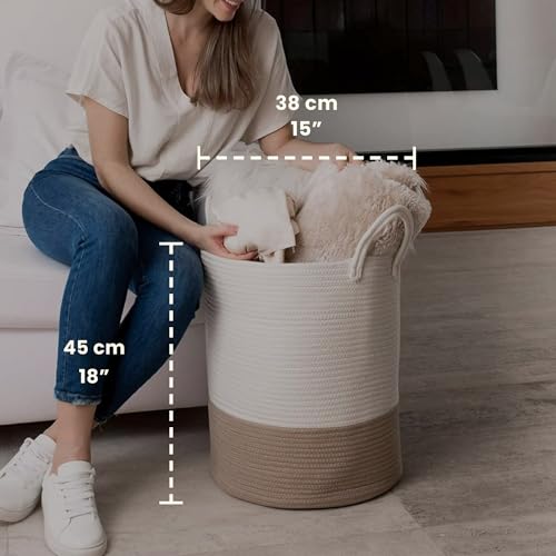 Image of OrganiHaus Tall Cotton Rope Laundry Basket & Hamper, Blanket Storage 52L | Honey / Off-White - Tall Cotton Rope Hamper, 52L
