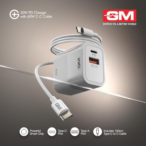 Image of GM G+ 20W PD Fast Charger with 60W Type-C Cable 1M | USB-C Power Delivery Wall Adapter with Fast Charge & Data Sync Cable | Compatible with iPhone, Android, Tablets, Earbuds.