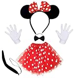 YDSTNiu Disfraz de Minnie Niña, Disfraz de Mouse para Niña, 7Pcs Tutu de Lunares de Minnie con Diadema de Orejas de Ratón Guantes Pajarita Cola para Fiesta de Disfraces Carnaval Fiesta de Carnaval