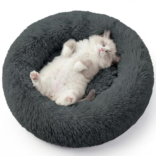 WROS Calming Dog Bed, 20" x 20" x 6" Fits Cat & Dog, Anti-Slip Round Washable Faux Fur for Doze Off, Napping Orthopedic, Dark Grey
