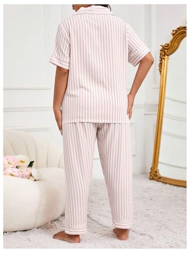 Verdusa Women's Plus Size 2 Piece Striped Pajama Sets Lounge Sleepwear Button Down Shirt with Pants2