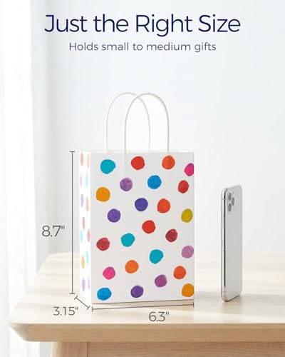 Image of SUNCOLOR 24 Pack Small Paper Gift Bags, Colorful Polka Dot Design, 8.7 x 6.3 x 3.15 Inch, with Handles for Birthday Party Favors