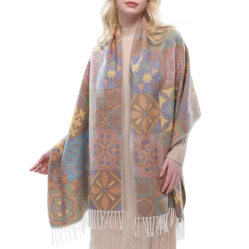 RIIQIICHY Reversible Pashmina Scarf for Women Jacquard Shawl Wrap Scarves Khaki/Green/Orange/Pink