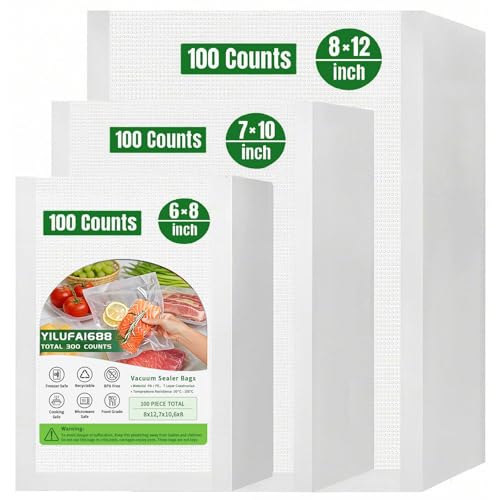 300 Count Vacuum Sealer Bags - Food Saver Bag (8x12,7x10,6x8) Precut Quart for Vacuum Seal, Meal Prep,Sous Vide, BPA Free, Heavy Duty, Commercial Grade Freezer Bags