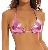 Gatielzana Metallic Crop Top Shiny Triangle Bralette Rave Bra Swimsuit Top, Pink, S