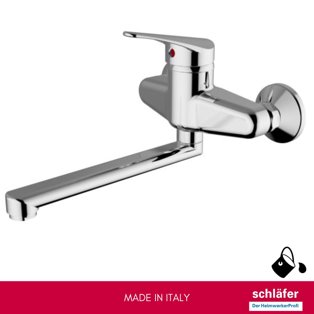 Schläfer 480110 | Miscelatore Lavello a Parete Start Cromo con canna girevole, Adatto la per Cucina, Bagno, Lavanderia, Rubinetto a Muro eccentrici a S - int. fori 15/17 cm