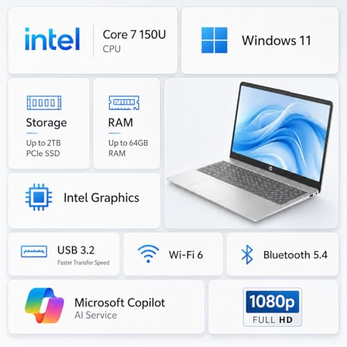 Image of HP 15.6 inch FHD Business Laptop, Intel Core 7 150U 10-Core up to 5.4GHz, 16GB RAM, 512GB PCIe SSD, Copilot Key, USB-C, HDMI, Wi-Fi 6, Numeric Keypad, Windows 11 Home, WOWPC USB