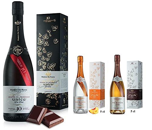 ANDREA DA PONTE GRAPPA DI PROSECCO UNICA 10 ANNI 70 CL IN ASTUCCIO CON 2 MIGNON GRAPPA FIOR D'ARANCIO E GRAN RISERVA 5 CL