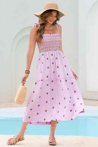Image of R.Vivimos Womens Summer Cotton Boho Midi Dress 2026 Spaghetti Strap Floral Embroidered Smocked Tiered Flowy Long Dresses