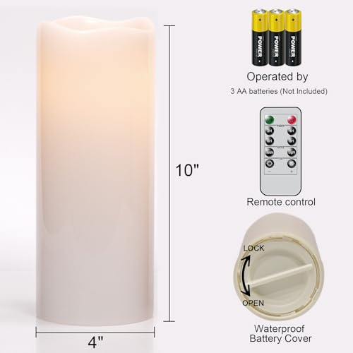 Image of GenSwin Waterproof Large Flameless Candles with Remote for Lanterns, 2 Pack 4 inch x 10 inch Battery Operated with Timer, LED Pillar Candles Flickering for Indoor Outdoor Lanterns, Long-Lasting for Decor