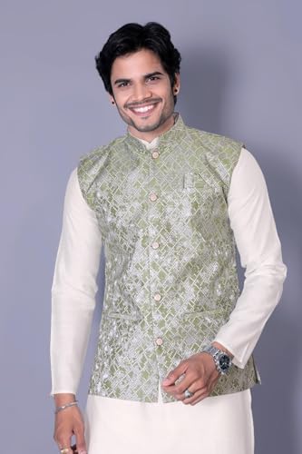 Men's Traditional Kurta Pajama with Sleeveless Printed Nehru Jacket Indian Ethnic Outfit for Wedding Festival & Party4