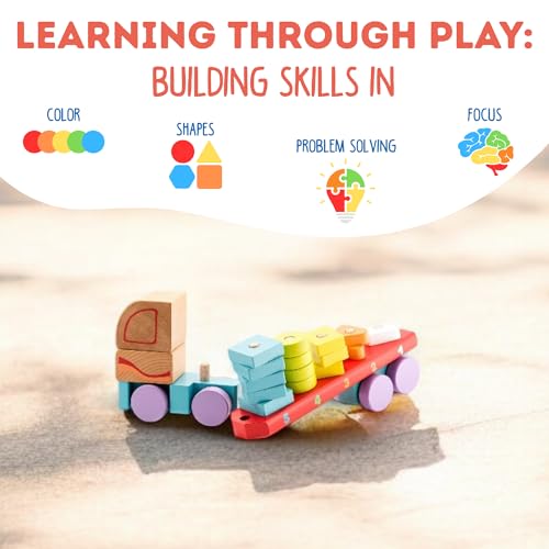 Image of CUBIKA Wooden Geometric Shapes Truck- Montessori Toy for Toddlers Ages 3+- Shape Sorter and Stacking Truck Building Toy- FSC-Certified Wood, German Water-Based Paints, Travel-Friendly