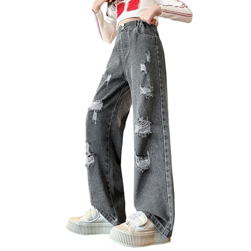 Baggy Ripped Jeans for Girls Elastic High Waist Distressed Pull On Wide Leg Jeans Kids Clothes with Pockets 5-14Y
