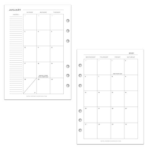 2022 Monthly Calendar for A5 Planners, fits Filofax, Kikki K, InkWell Press, Carpe Diem Planners, 6 Ring binder, 5.8