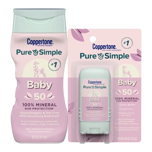 Image of Coppertone Pure and Simple Baby Mineral Sunscreen Lotion SPF 50 (6 Fl Oz) + Baby Sunscreen Stick SPF 50 (0.49 Oz), Hypoallergenic and Tear Free