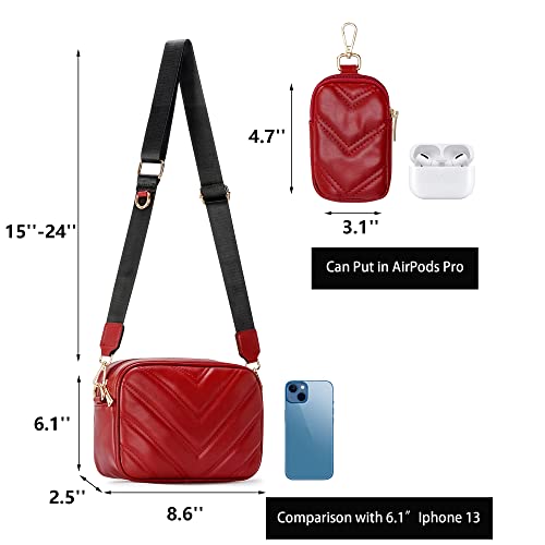 Image of Herald Chevron Quilted Small Crossbody Bag with Coin Purse Pouch, Women Square Camera Side Shoulder 2 Size Handbags (Red)
