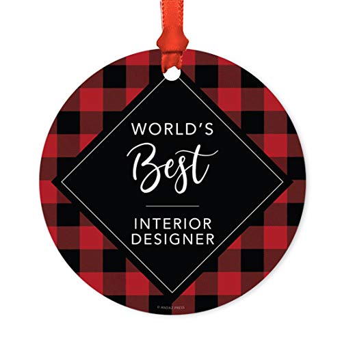 Andaz Press Funny Round Metal Christmas Ornament, World's Best Interior Designer, Modern Buffalo Red Black Plaid, 1-Pack, for Coworker Friend Spouse Him Her, Includes Ribbon and Gift Bag