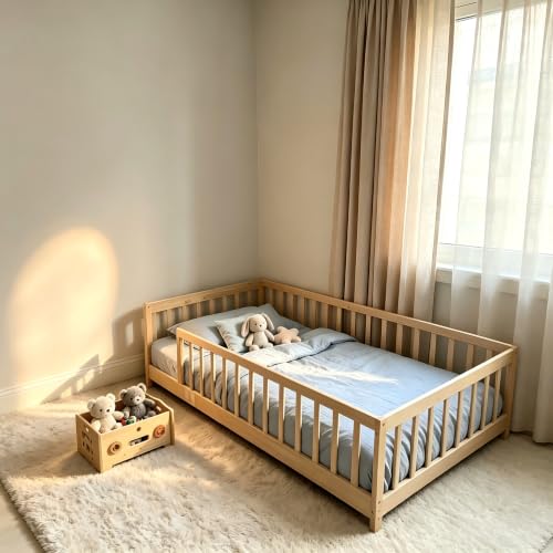 Image of PVWIIK Twin Size Montessori Toddler Floor Bed with Wood Slats for Girls and Boys, Wood Montessori Bed Frame with Safety Guardrails, No Box Spring Needed, Natural